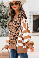 Purple Stripe Color Block Patchwork Leopard Casual Sweatshirt with Slits