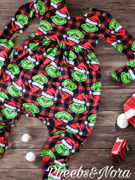 Christmas Grouch R&B Plaid Magnolia Romper