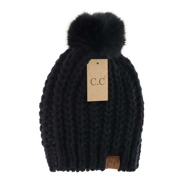 Chenille Chunky Knit Faux Fur Pom Hats